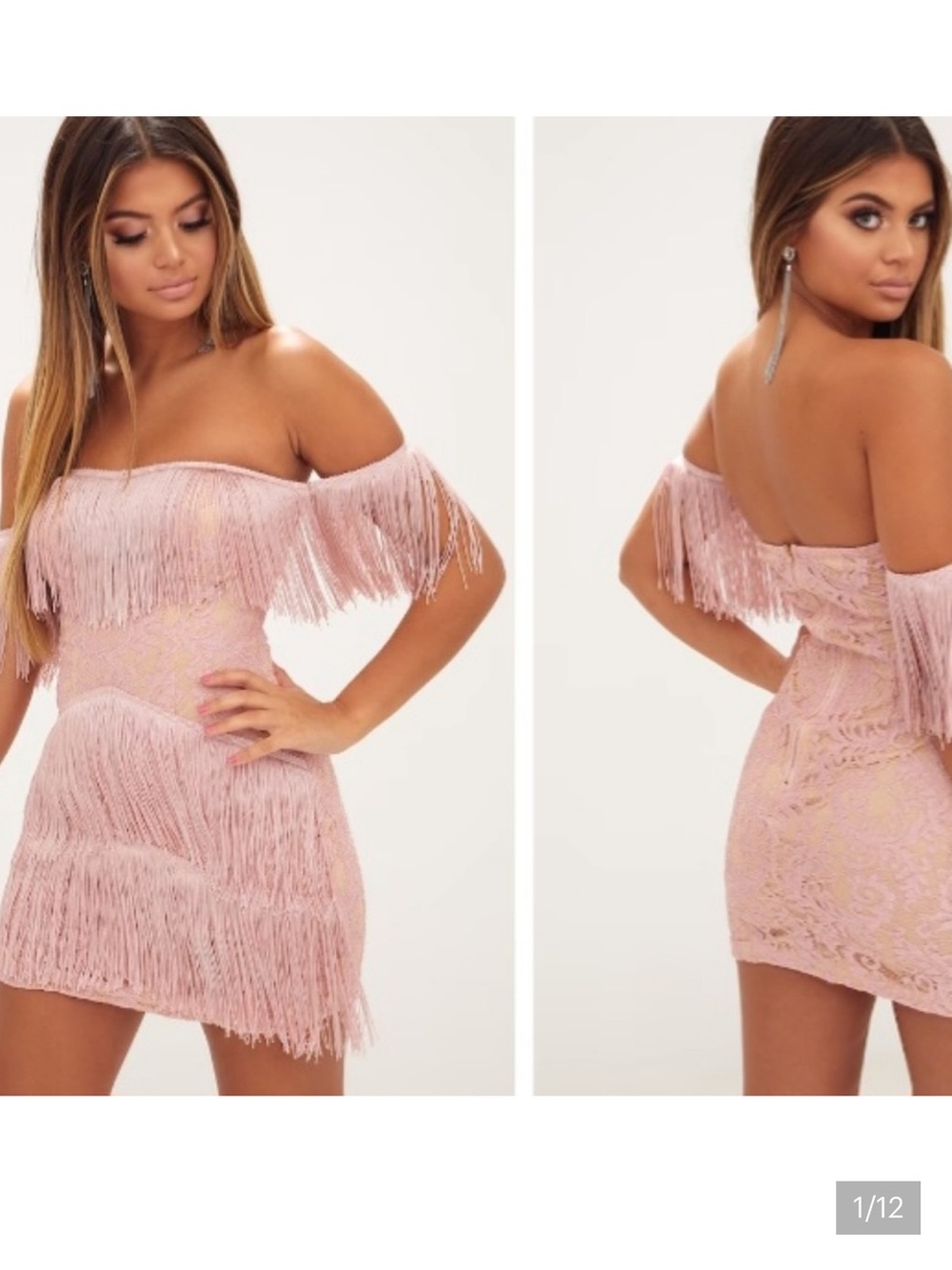 PrettyLittleThing Dusty Pink Bardot Tassel Lace Fringe Mini Dress
